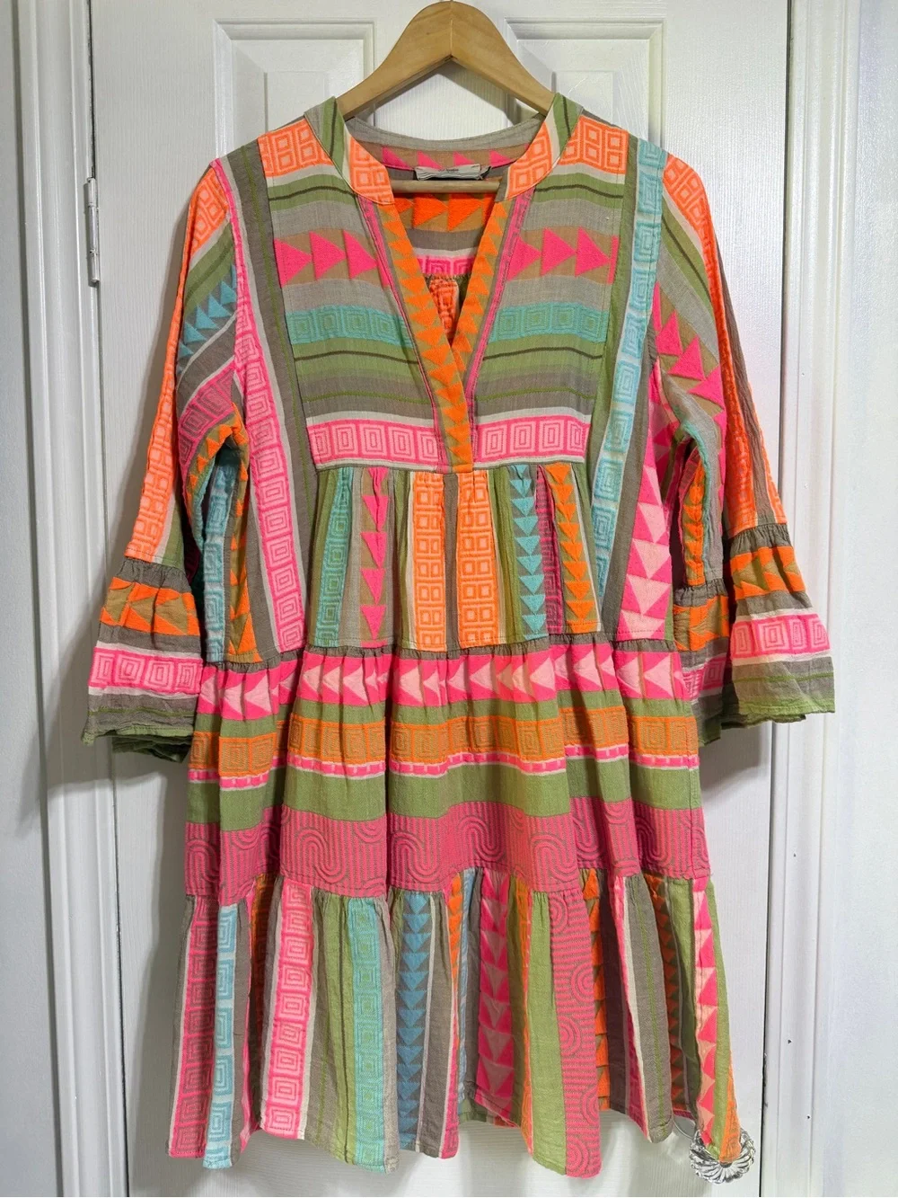 Devotion Twins ELLA SHORT MULTI PINK ORANGE boho flare tunic dress small - Picture 2 of 9